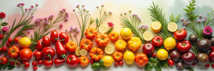 Vibrant display of fresh vegetables and fruits with flowers in gradient background