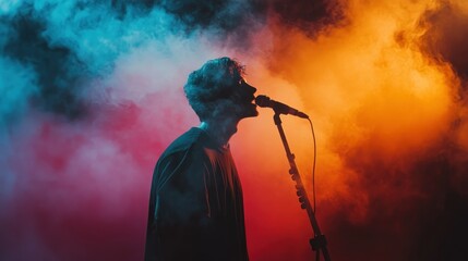 Obraz premium A singing figure illuminated with colorful stage lights and smoke