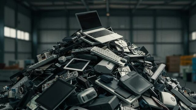 Pile of E-waste in Warehouse - A large pile of discarded electronic devices and components sits in a warehouse. The heap includes laptops, keyboards, tablets, and various other tech items