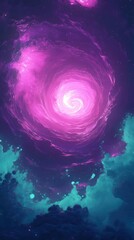 A swirling galaxy with vibrant pink and teal colors, evoking a cosmic atmosphere.