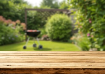 Naklejka premium Summer barbecue scene with wooden table and blurred garden