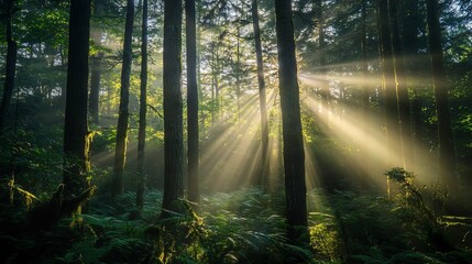 Obraz premium Magical sunbeams illuminate lush green forest landscape rays moss dark view trees light woods woods