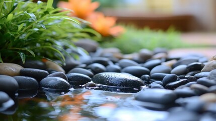 Black stones are submerged near green plants with flower accents