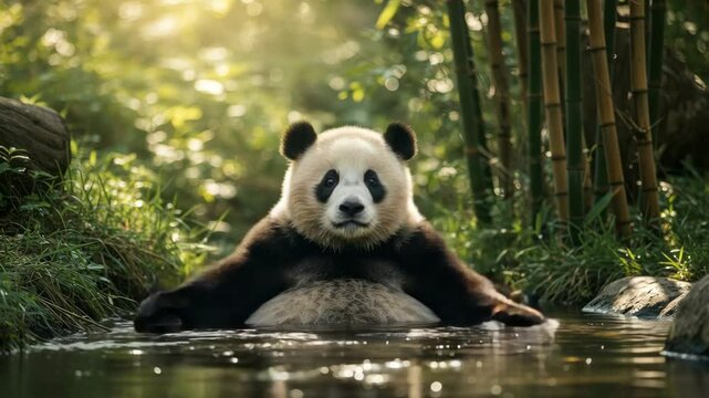 Playful Panda in Bamboo Forest Stream - A giant panda playfully waves its paw from a shallow stream in a lush bamboo forest. Sunlight filters through the trees