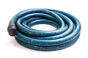 A coiled blue garden hose