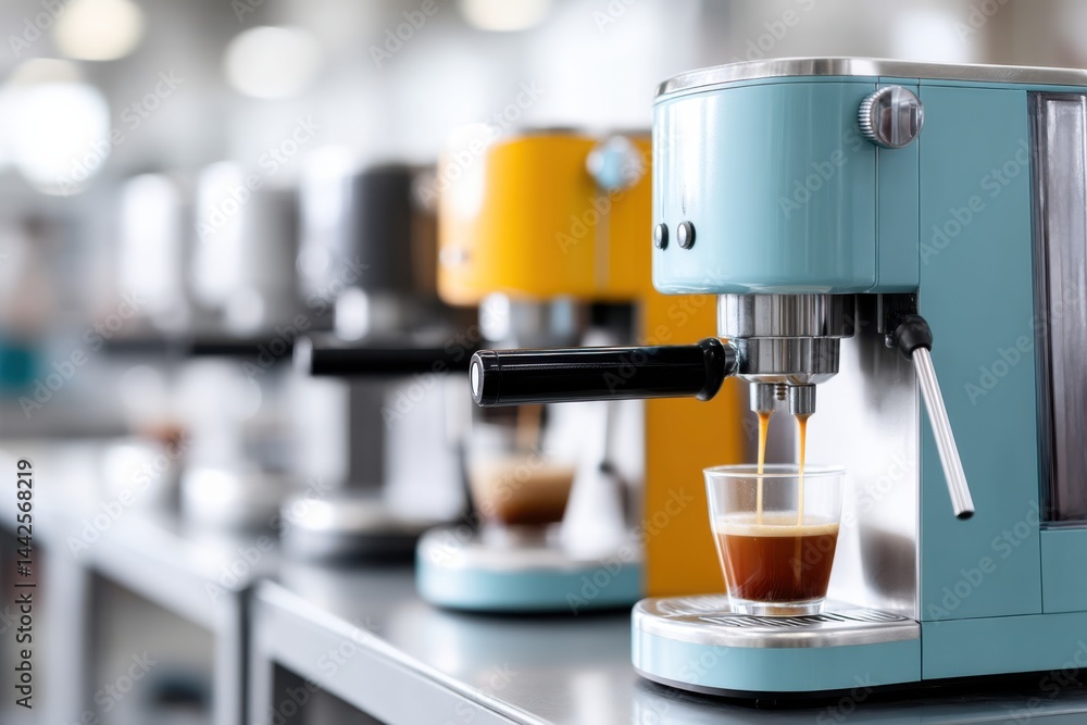 Poster close-up view of colorful coffee machines being produced in a bright factory environment