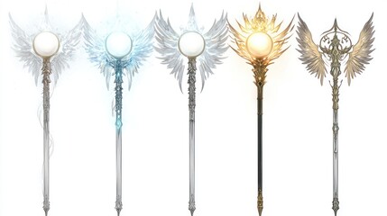 Set of staffs with bright white light orbs encased in angelic wings on white background.