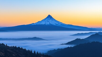 A majestic mountain rises above a sea of morning fog