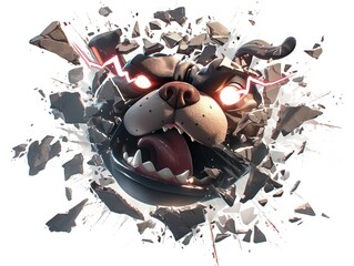 Fierce bulldog charges through shattered debris, glowing red eyes radiating electric lightning, minimalist white backdrop