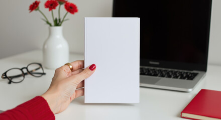 Obraz premium Blank Book Mockup: Hand Holding White Cover, Red Flowers & Laptop Scene - Perfect for Authors, Designers & Branding!