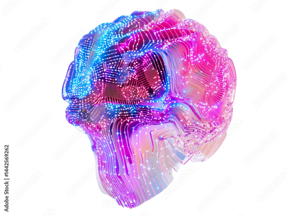 Poster Abstract brain representation with flowing light streaks on transparent isolate