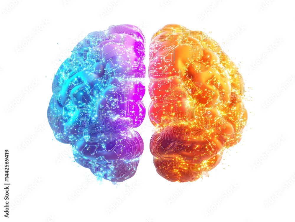Poster a vibrant representation of the human brain, showcasing dual hemispheres and interconnected networks