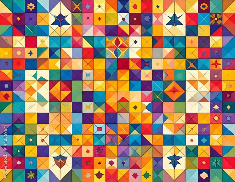 Poster vibrant abstract geometric pattern with colorful squares and triangles. perfect for backgrounds, tex