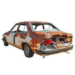 Decayed automobile carcass isolated, emblem of neglect and weathering, a poignant still-life study of automotive decomposition against a transparent backdrop