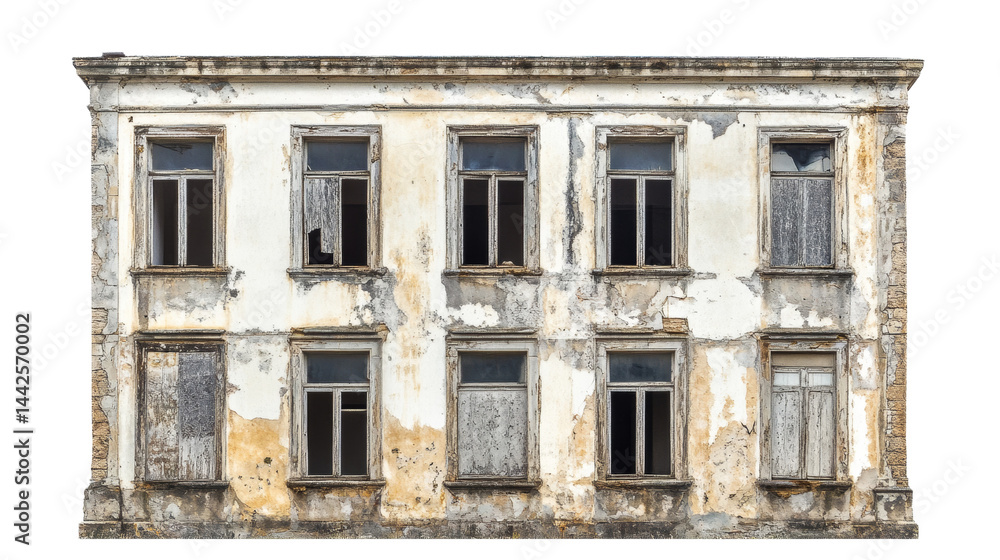 Poster dilapidated facade of an abandoned building displaying neglect and decaying architecture, isolated o