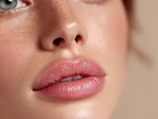 Obraz premium An eye-catching stock photo of closeup of womanÃ¢Â€Â™s glossy pink lips beauty portrait, ideal for creative, commercial, or editorial purposes.