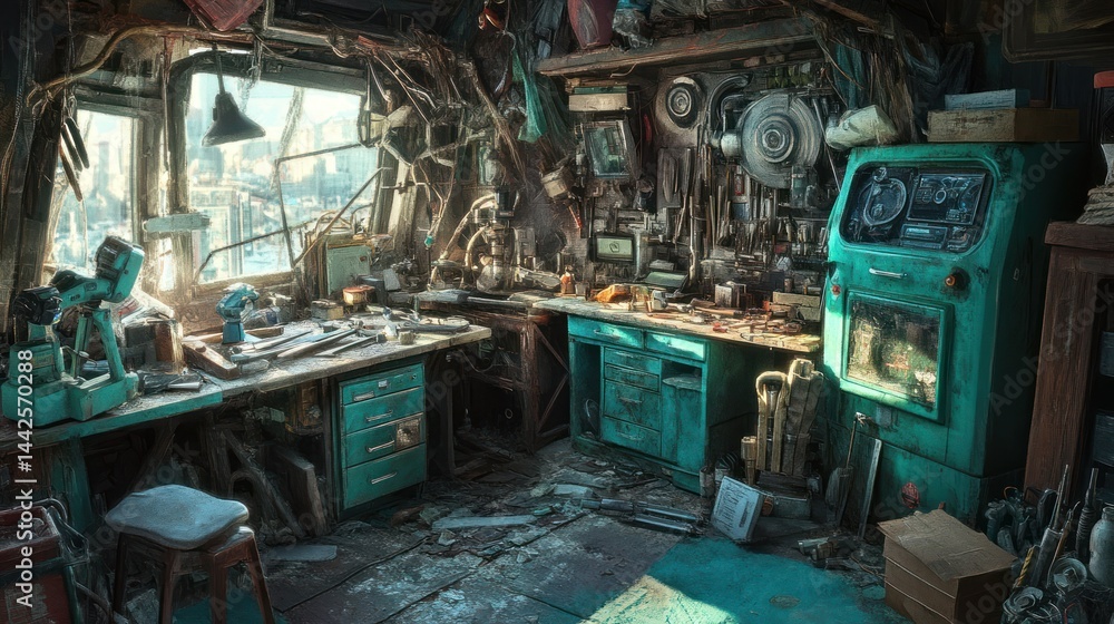 Poster a cluttered and weathered workshop with windows showing city views