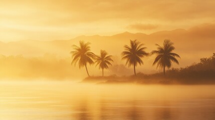 Palm Trees Silhouetted Against Mountain Range in Golden Light