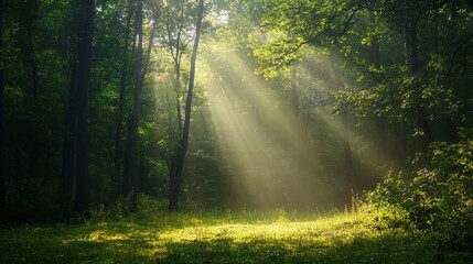 Fototapeta premium Sunbeams illuminate serene misty green forest landscape air calm leaf park trees light woods image
