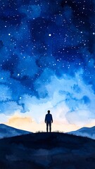 Fototapeta premium Dreamy Night Sky with a Lone Man in Watercolor Silence