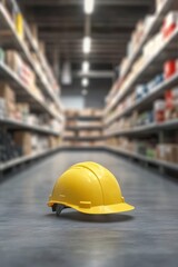 Yellow safety helmet in a warehouse