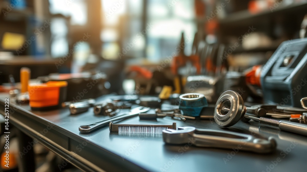 Poster a cluttered workbench displays assorted tools and mechanical implements readily available