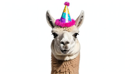 Obraz premium Cute Llama Wearing Party Hat – Fun Animal Celebration on White Background