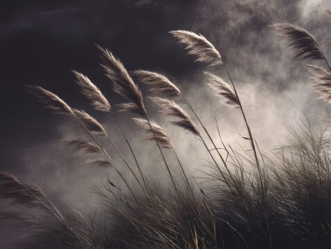A field of tall grasses with a foggy sky in the background