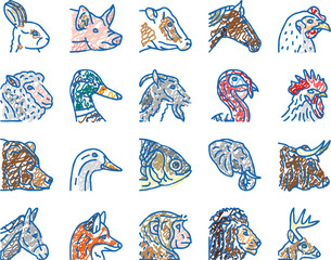 animal zoo nature wildlife icons hand drawn