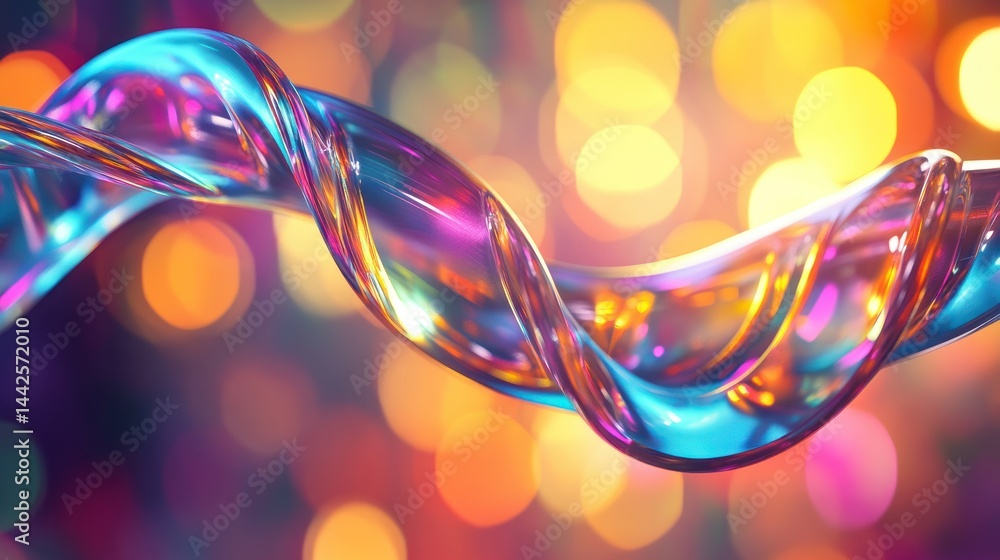 Poster a flowing and twisting translucent colorful spiral on a blurred background