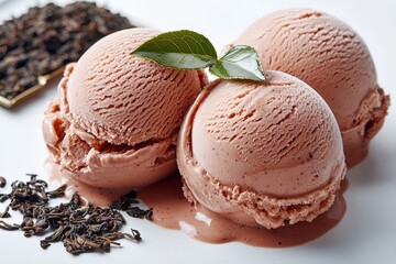 Creamy earl grey ice cream scoops with fresh leaves and tea background