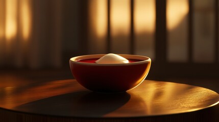 A small bowl of red liquid rests on a wooden table