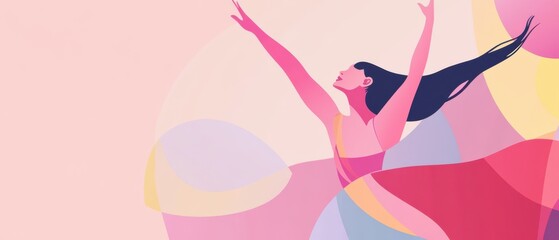 Elegant woman in flowing dress with arms raised in celebration, expressing freedom and joy in a colorful abstract background