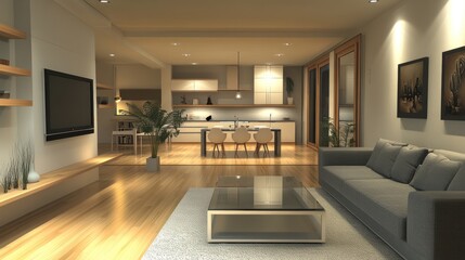 Modern apartment living room, kitchen view, evening lighting, home interior design