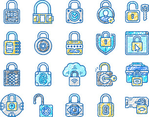 padlock lock safe password key icons hand drawn