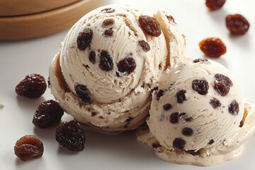 Creamy rum raisin delight: scoops of rich ice cream with juicy raisins