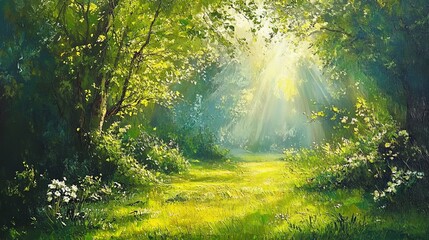 Obraz premium Sunlit green forest path peaceful summer nature scene tranquil lush greenery sunlight rays bright