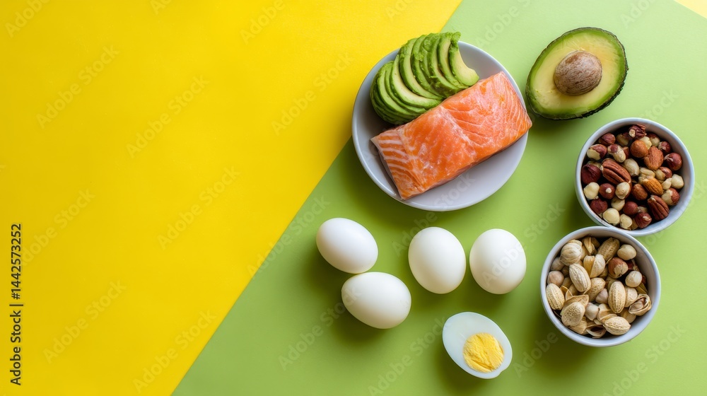 Poster top-down view displays a healthy arrangement of salmon fillet, avocado halves, boiled eggs, and asso
