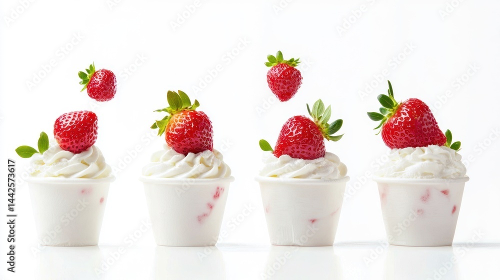 Poster set of strawberries being dropped into a white yogurt, creating a refreshing splash on white backgro