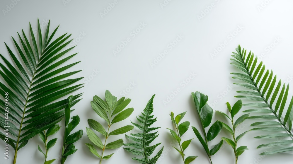 Poster a top-down view captures the intricate details of various tropical leaves isolated against a simple 