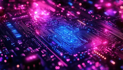 Obraz premium Close-up view of a futuristic circuit board illuminated with vibrant colors.