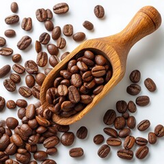 Obraz premium Roasted coffee beans in scoop on white background