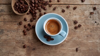 Espresso is served in a stylish ceramic cup on a rustic wooden surface surrounded by scattered roasted coffee beans, illuminated by soft, warm lighting