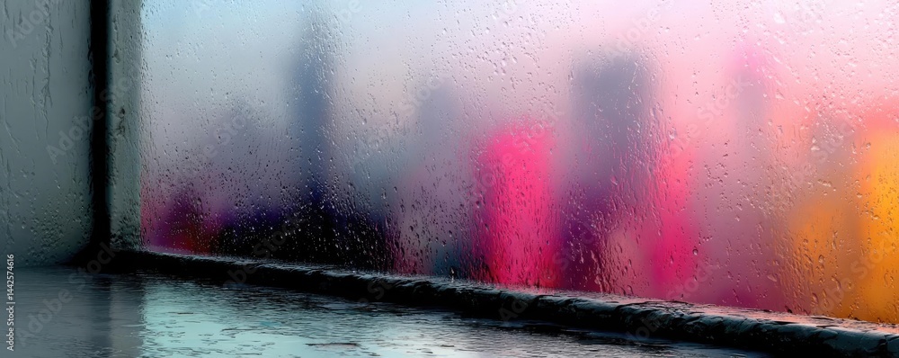 Poster raindrop on a window with cityscape texture and sad atmosphere concept. a misty window offering a bl