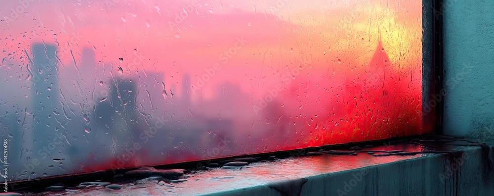 Poster raindrop on a window with cityscape texture and sad atmosphere concept. a moody skyline view through