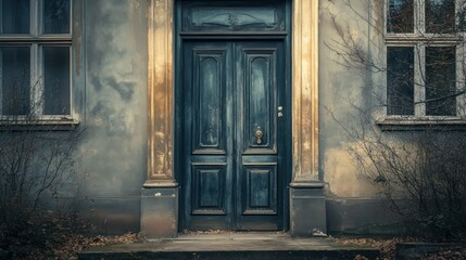 A weathered entrance with wooden door and architectural columns