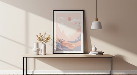 poster frame on modern console table mock up with soft sunlight, digital illustration, pastel background