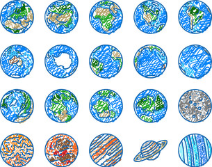 earth world planet globe map icons hand drawn