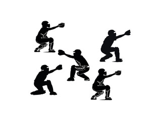 Silhouettes of Baseball Catchers in Action, Silhouette illustrations of baseball catchers in dynamic poses, displaying different stages of catching a ball, sport, catching, action, dynamic, illustrati