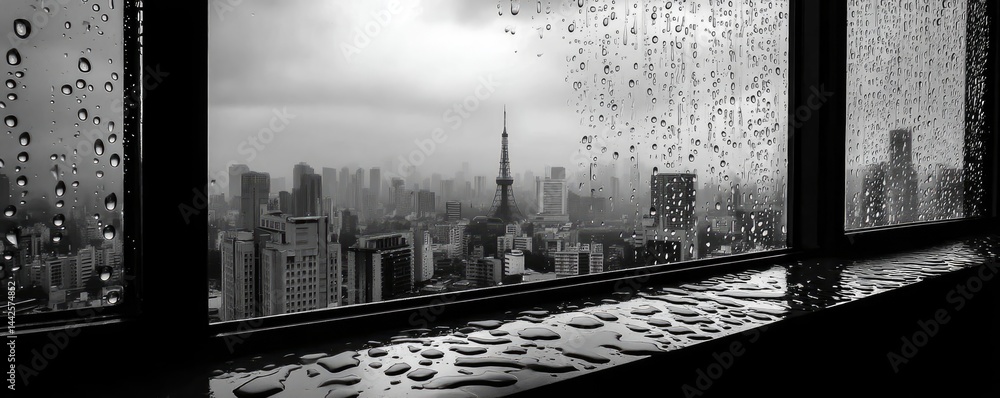 Poster raindrop on a window with cityscape texture and sad atmosphere concept. city skyline view through a 